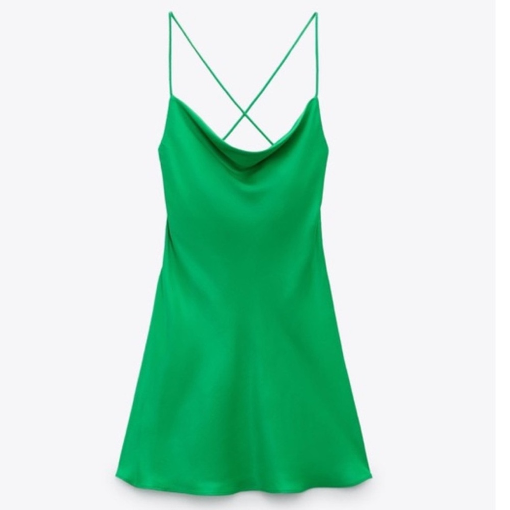 Zara Green Slip Mini Dress With Cross Back - Picture 2 of 12